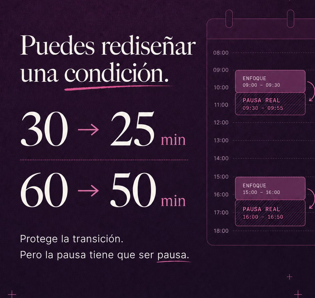 Rediseñar una condición de la agenda: reuniones de 30 minutos pasan a 25 y las de 60 pasan a 50, para proteger la transición entre bloques.